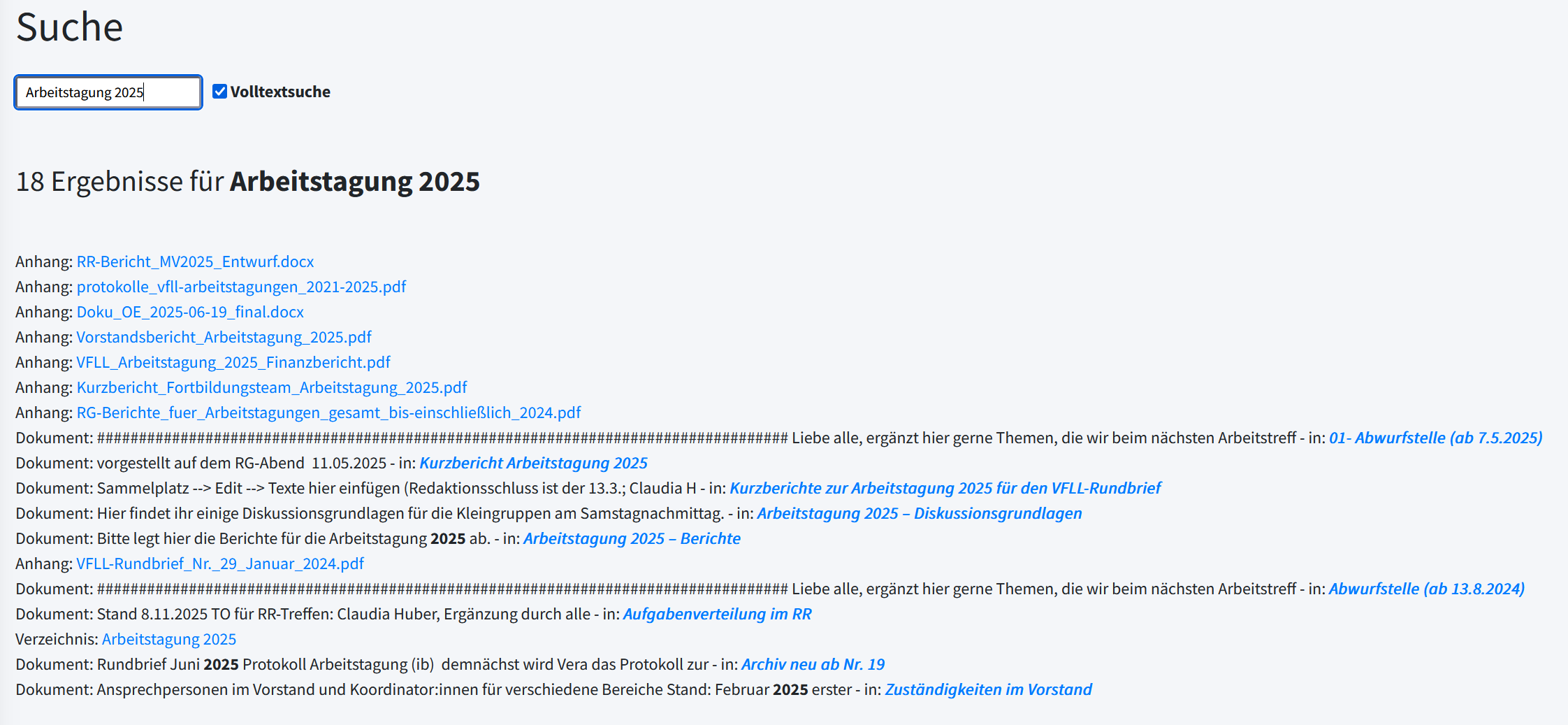 Volltextsuche über das Suchfeld in der Navigationsleiste nach Arbeitstagung 2025